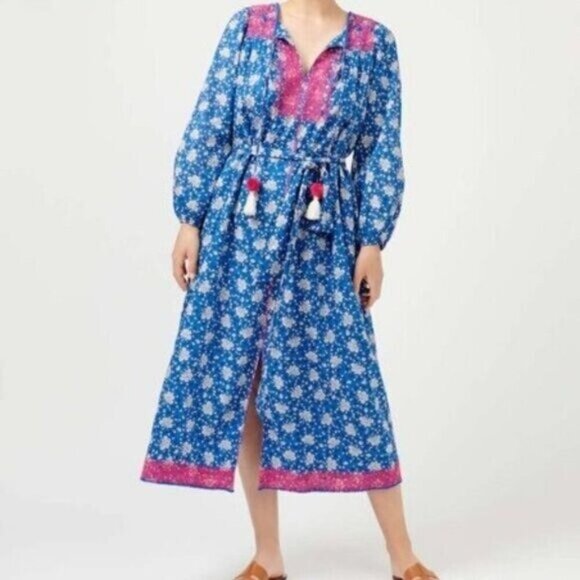 J Crew Cerulean Block-Print Tulum Midi Dress missing Pom poms XXS - Picture 1 of 7
